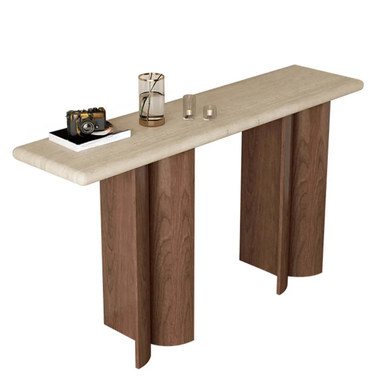 Double-Pedestal Ivory Rectangular Marble Wood Console Table