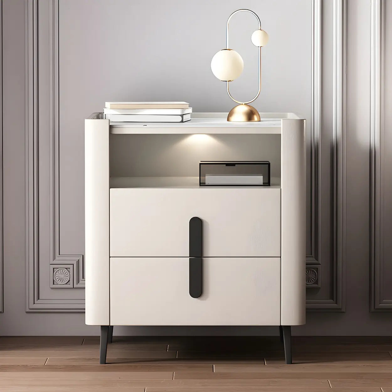 Off-White Wood Stone Lighted Nightstand with Drawer