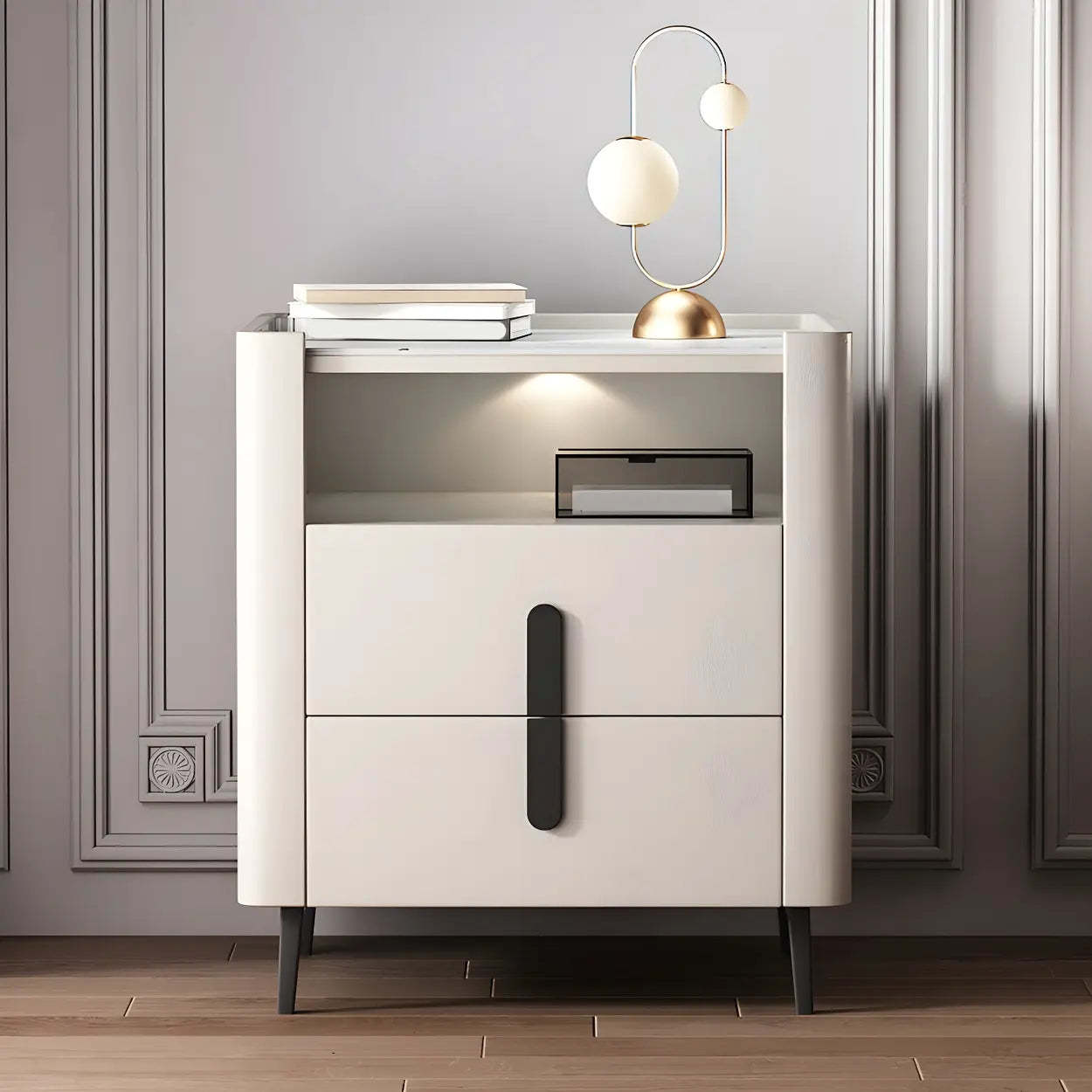 Off-White Wood Stone Lighted Nightstand with Drawer — Off-White / 1 Piece