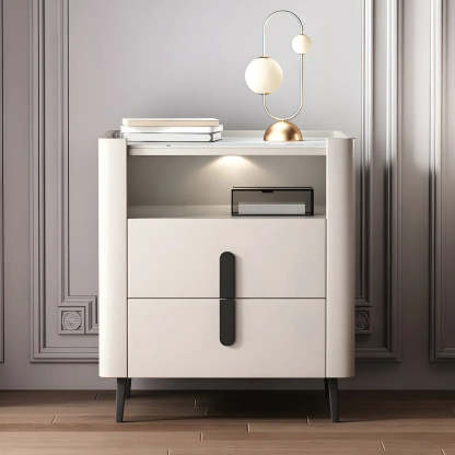 Off-White Wood Stone Lighted Nightstand with Drawer — Off-White / 1 Piece