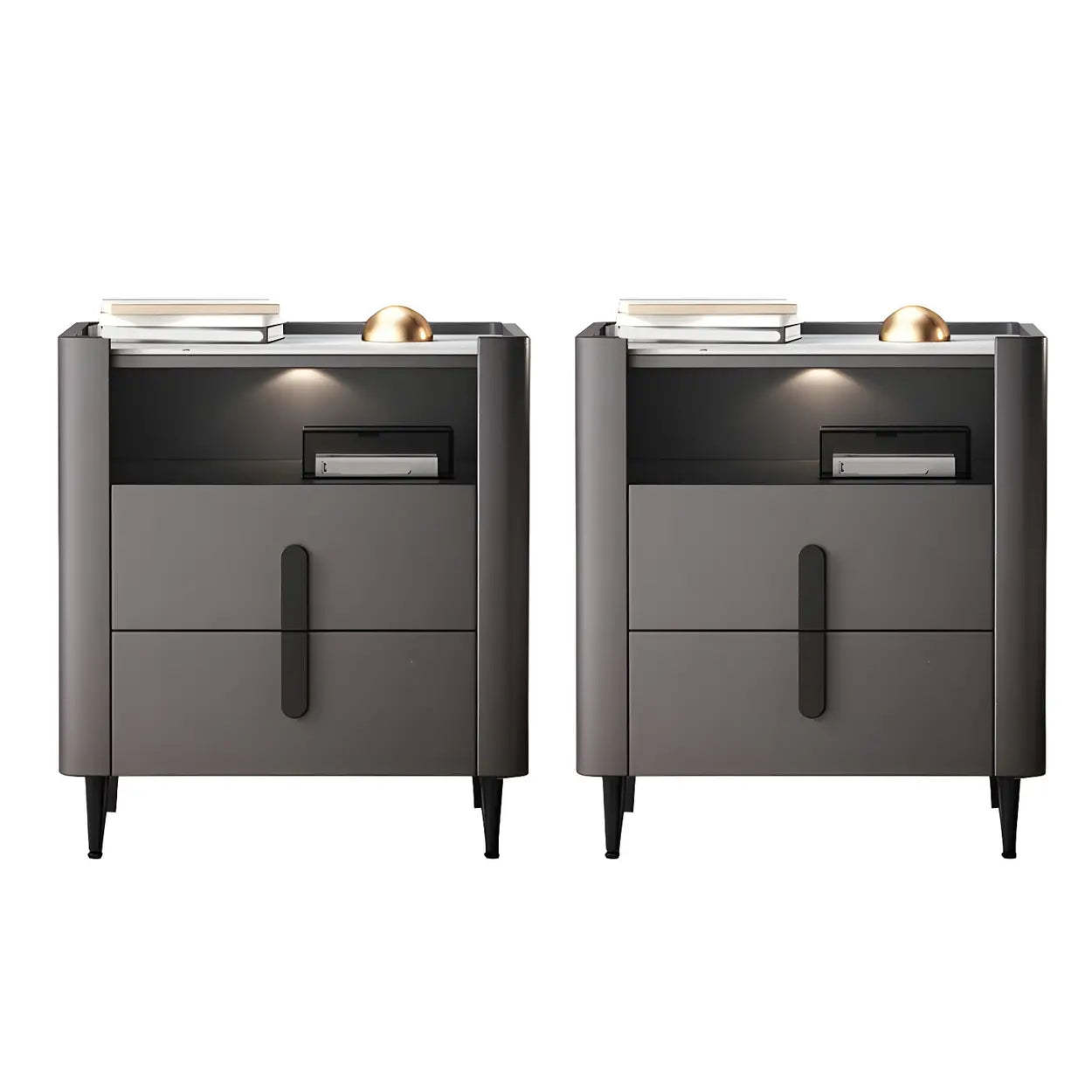 Off-White Wood Stone Lighted Nightstand with Drawer — Blackish Green / 1 Piece