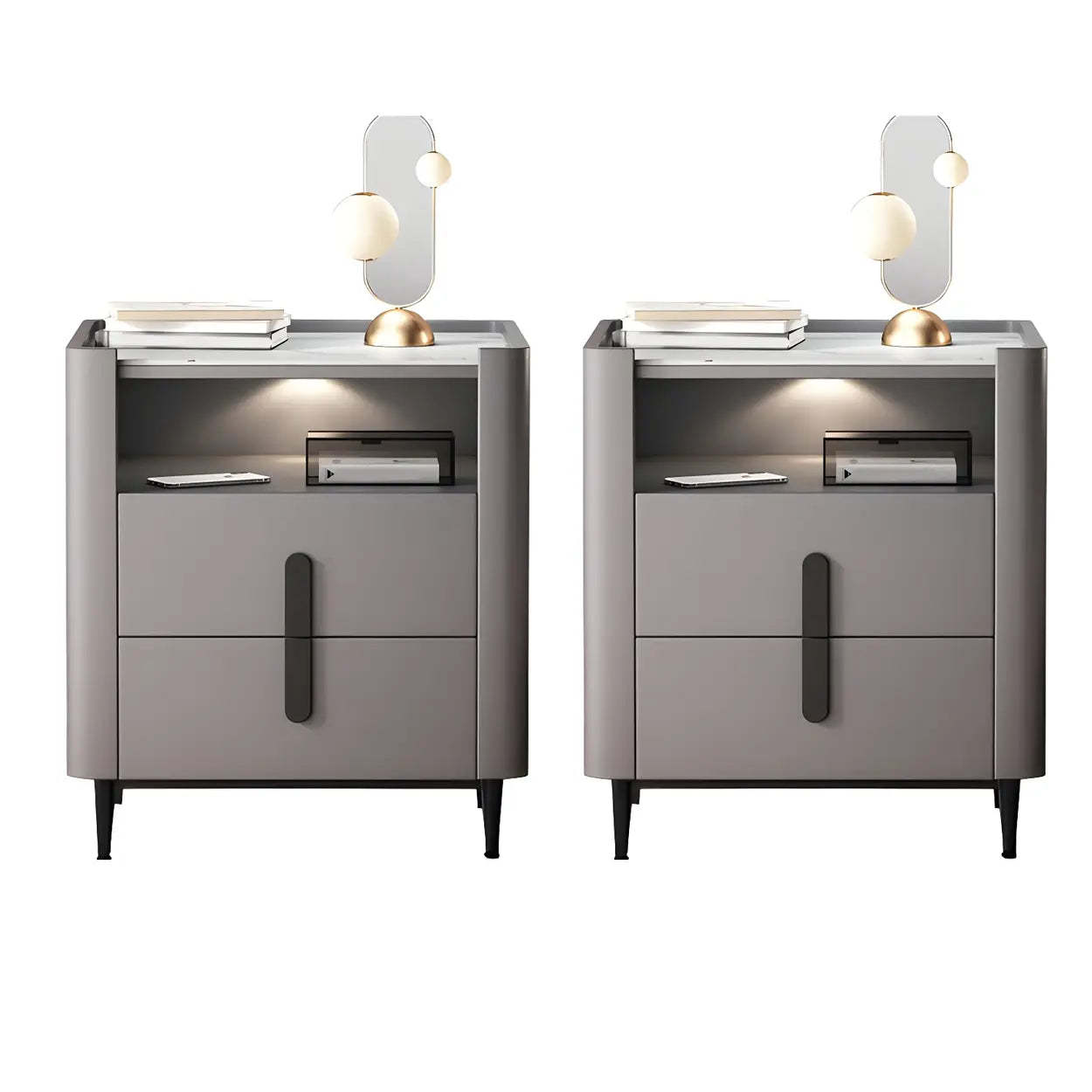 Off-White Wood Stone Lighted Nightstand with Drawer — Dark Gray / 1 Piece