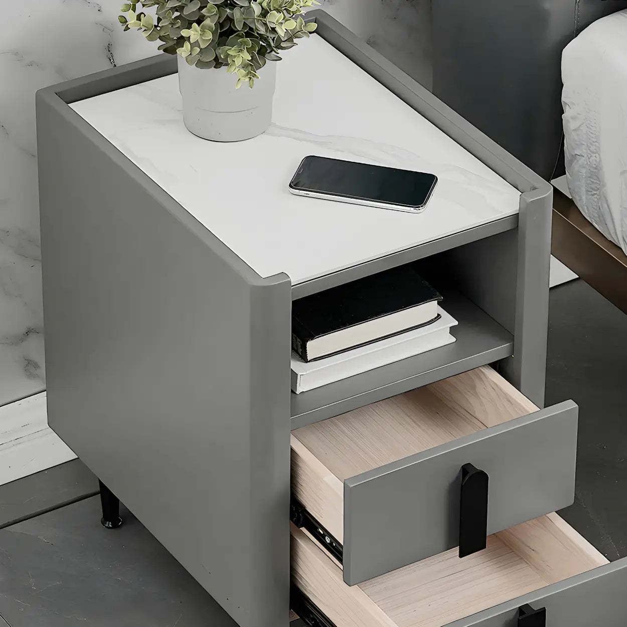 Off-White Wood Stone Lighted Nightstand with Drawer — Dark Gray / 2 Piece Set