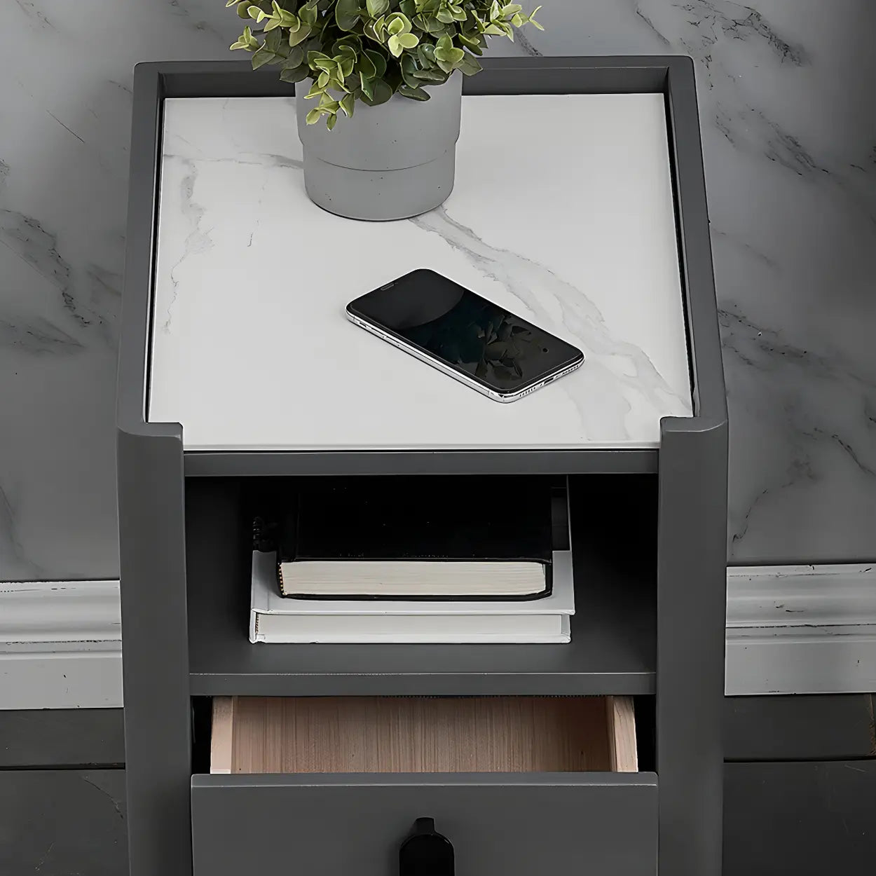 Off-White Wood Stone Lighted Nightstand with Drawer — Light Gray / 1 Piece