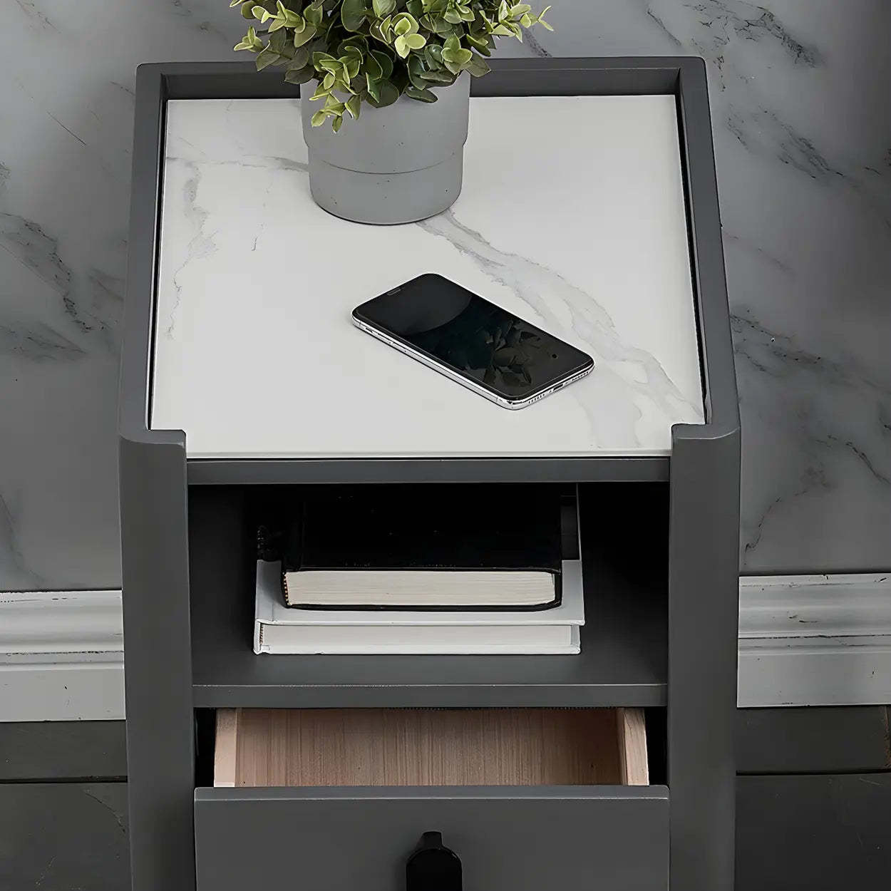 Off-White Wood Stone Lighted Nightstand with Drawer — Light Gray / 1 Piece