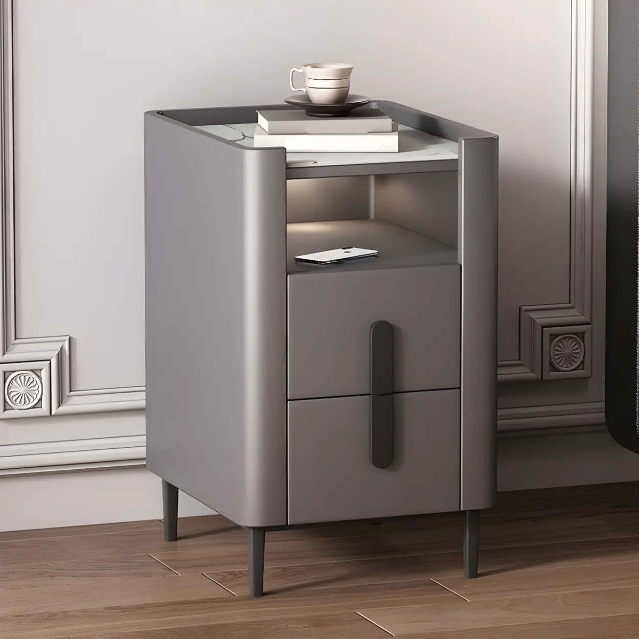 Off-White Wood Stone Lighted Nightstand with Drawer