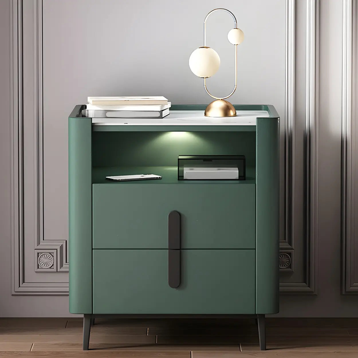 Off-White Wood Stone Lighted Nightstand with Drawer — Light Gray / 1 Piece