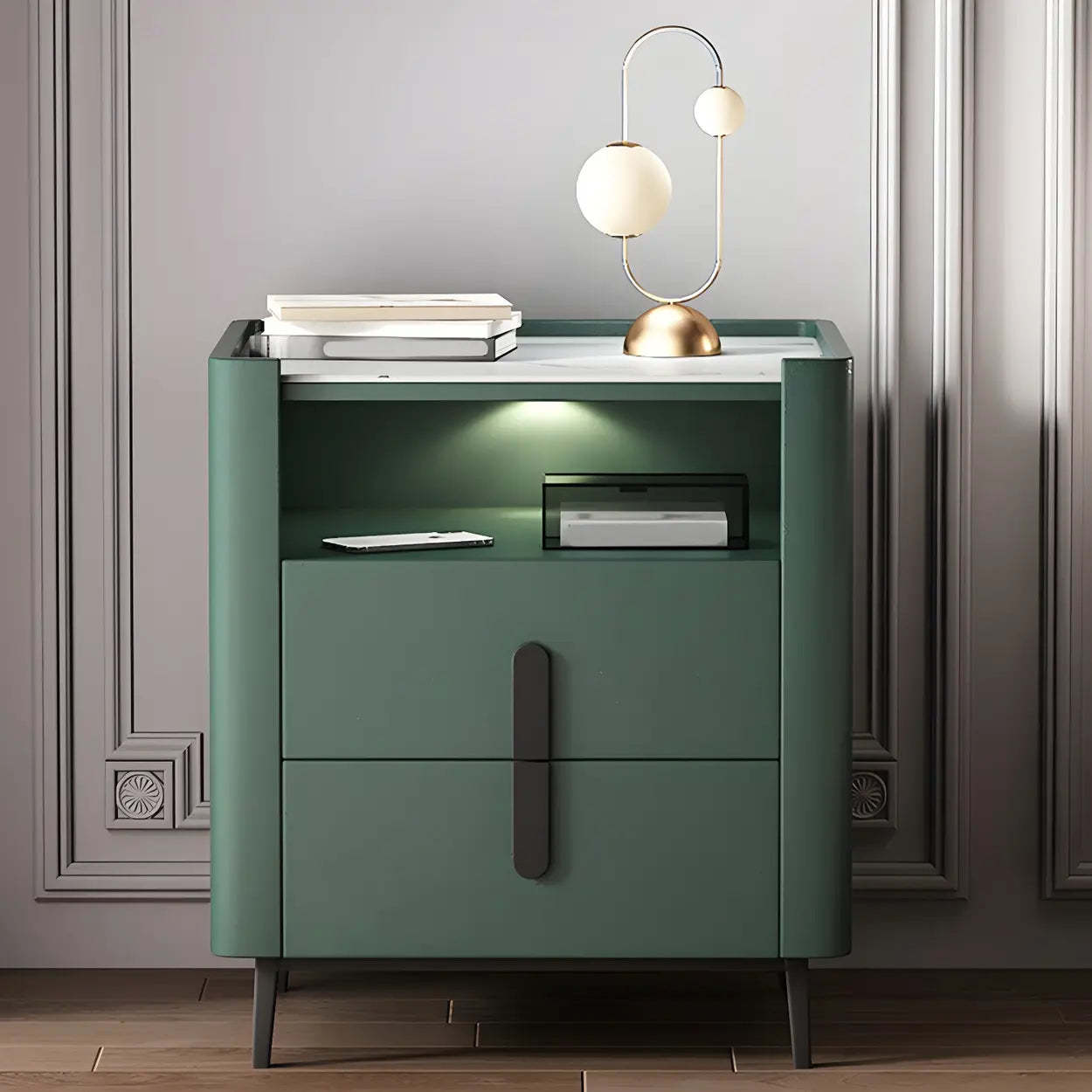 Off-White Wood Stone Lighted Nightstand with Drawer — Light Gray / 1 Piece