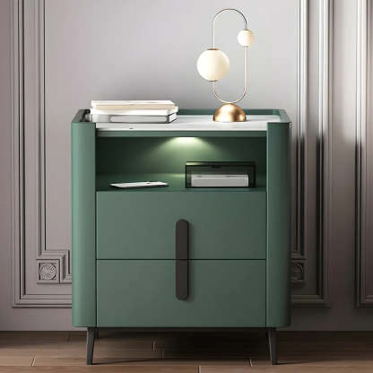 Off-White Wood Stone Lighted Nightstand with Drawer — Light Gray / 1 Piece