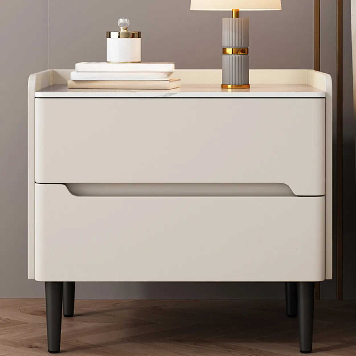 Beige Rectangular Sintered Stone Wood Nightstand — Off-White