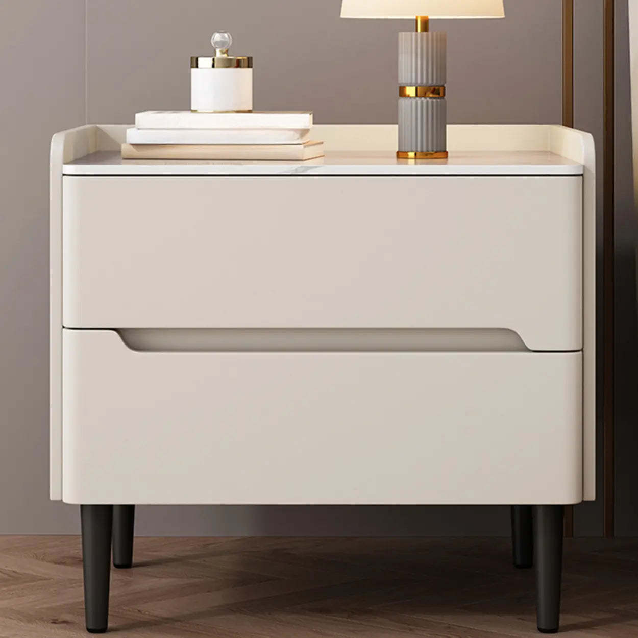 Beige Rectangular Sintered Stone Wood Nightstand — Off-White