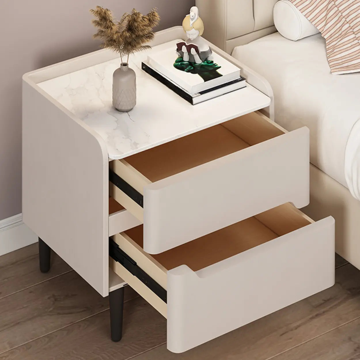 Beige Rectangular Sintered Stone Wood Nightstand