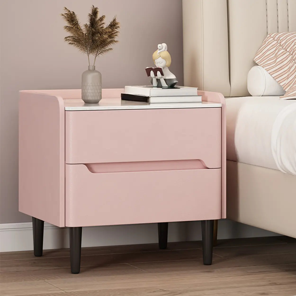 Beige Rectangular Sintered Stone Wood Nightstand