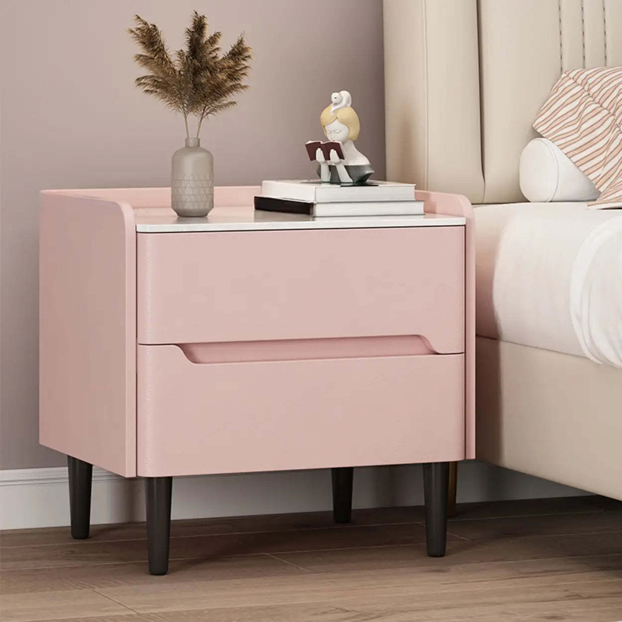Beige Rectangular Sintered Stone Wood Nightstand