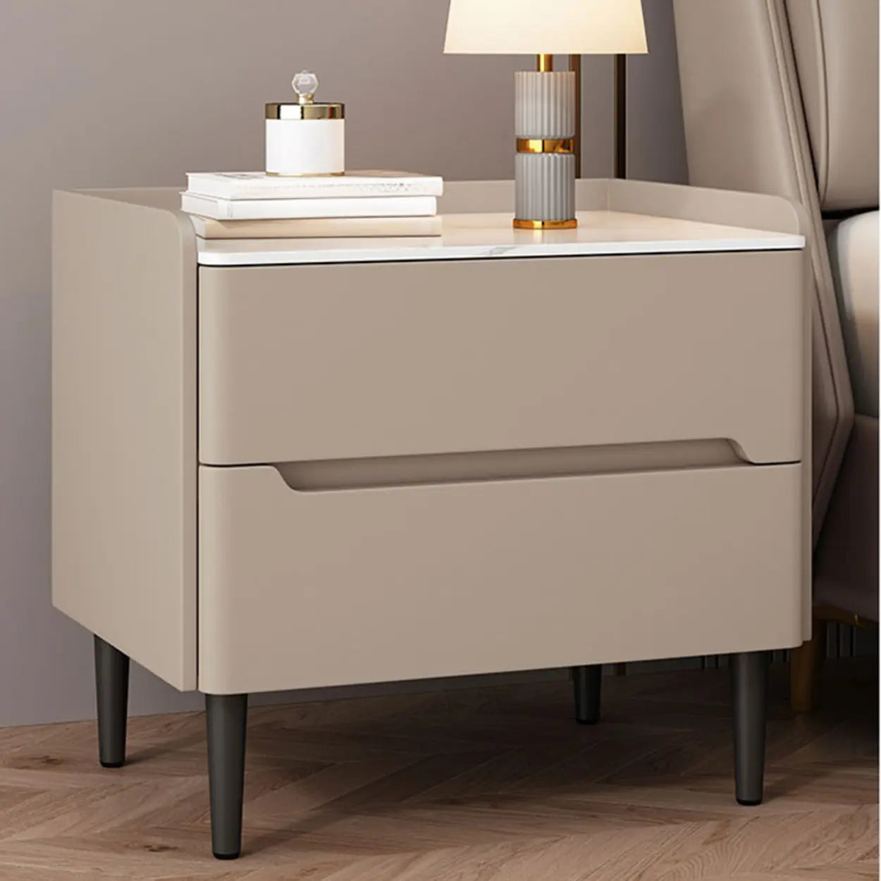 Beige Rectangular Sintered Stone Wood Nightstand — Khaki
