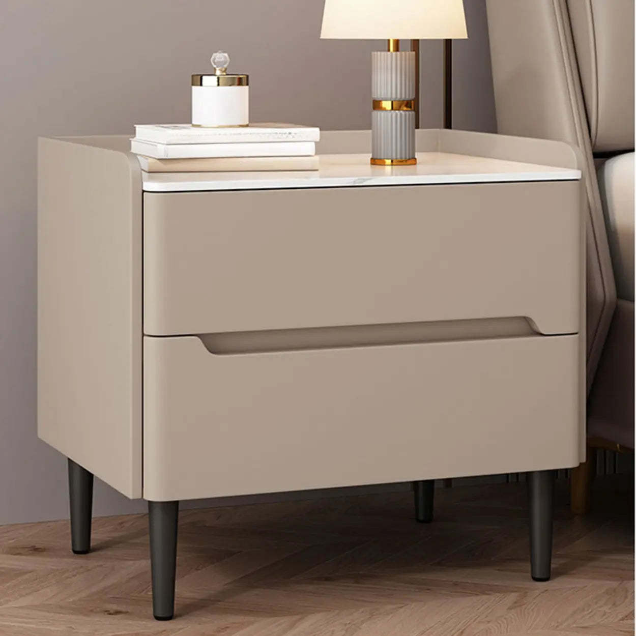 Beige Rectangular Sintered Stone Wood Nightstand — Khaki