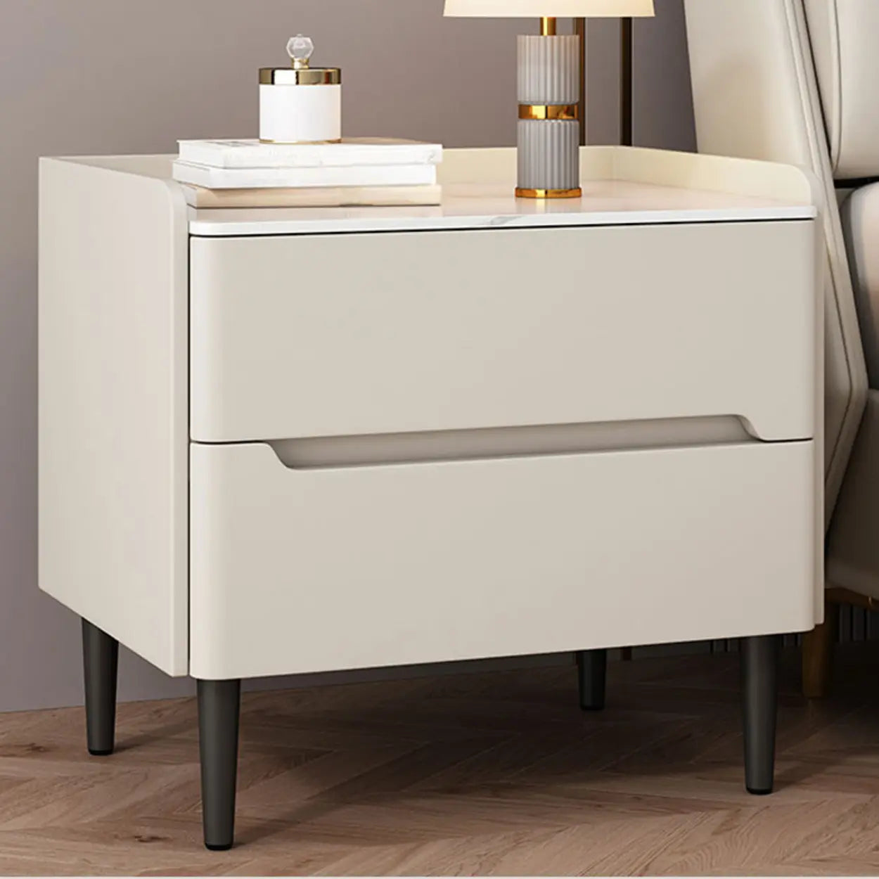 Beige Rectangular Sintered Stone Wood Nightstand — Army Green