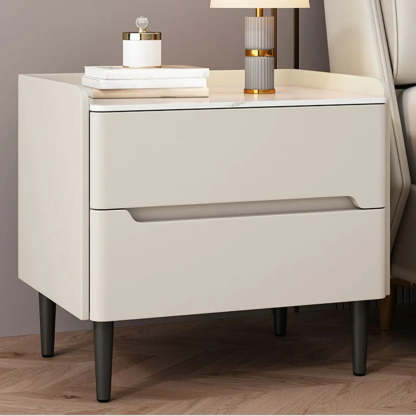 Beige Rectangular Sintered Stone Wood Nightstand — Army Green