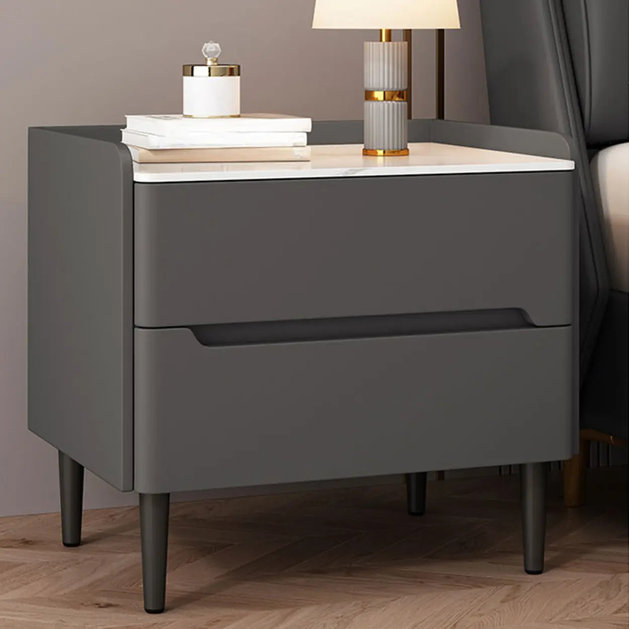 Beige Rectangular Sintered Stone Wood Nightstand — Dark Gray
