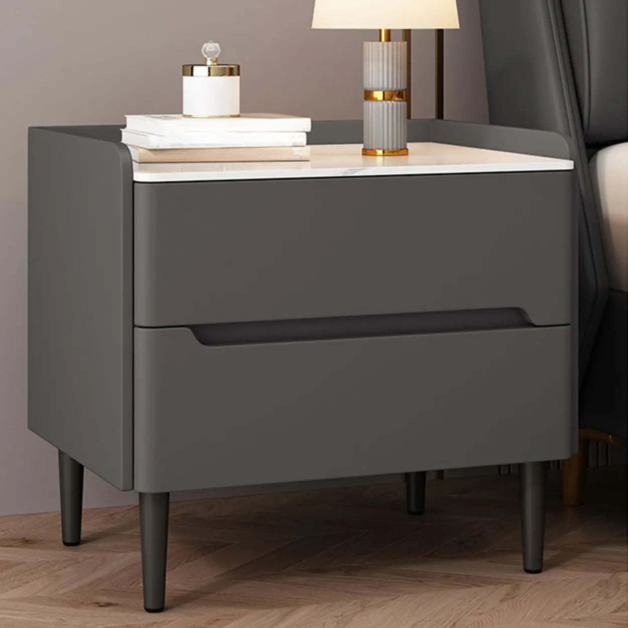 Beige Rectangular Sintered Stone Wood Nightstand — Dark Gray