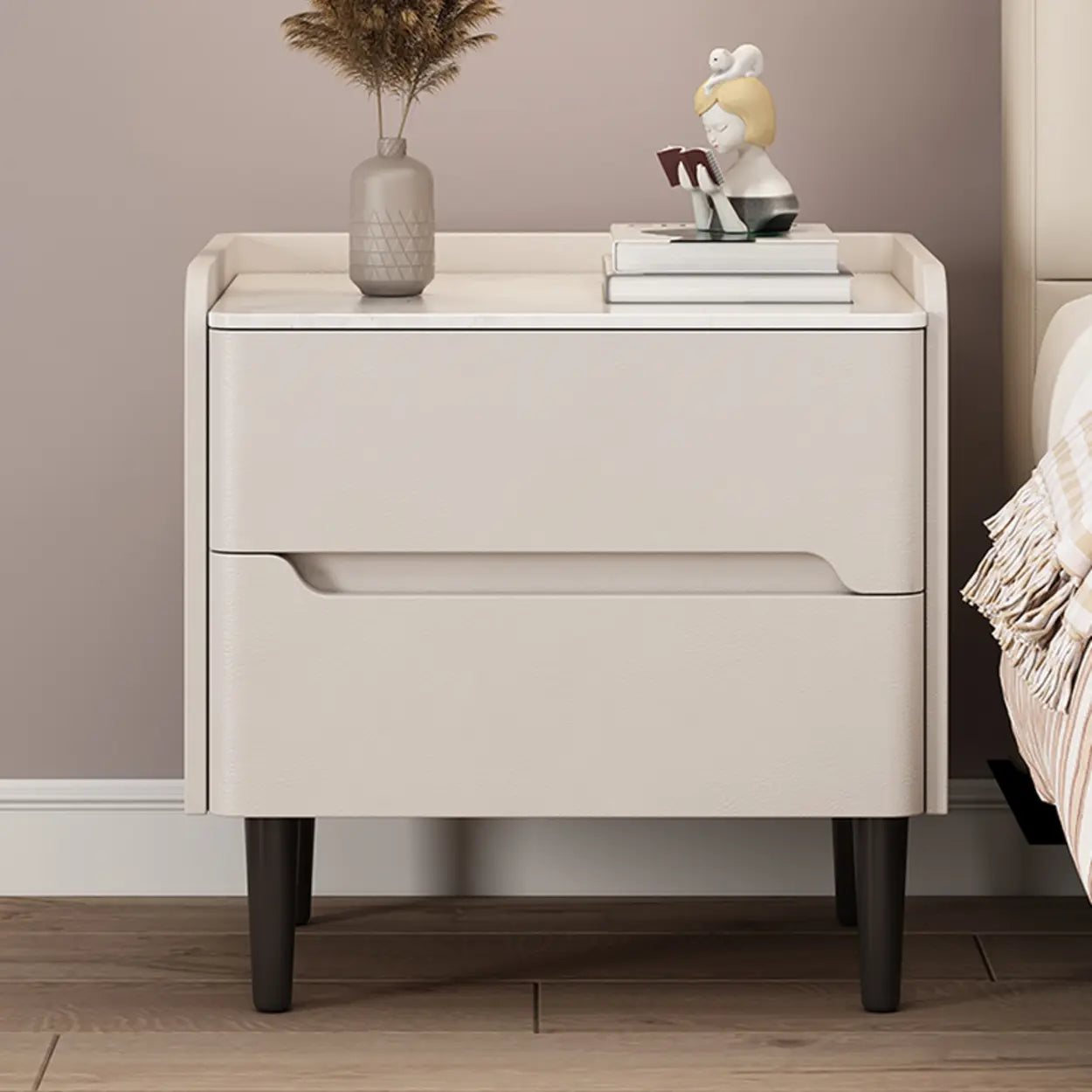 Beige Rectangular Sintered Stone Wood Nightstand — Light Gray