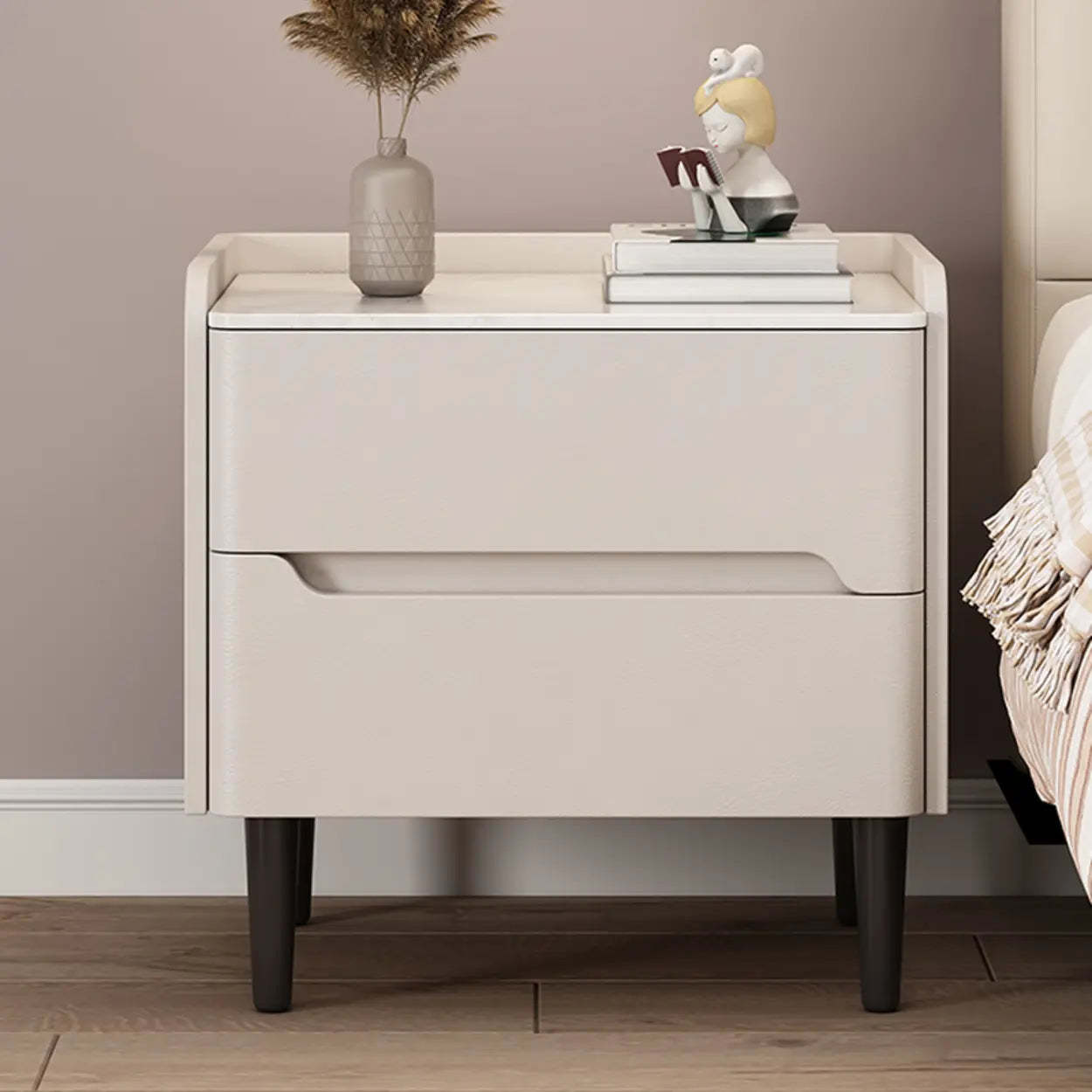 Beige Rectangular Sintered Stone Wood Nightstand — Light Gray