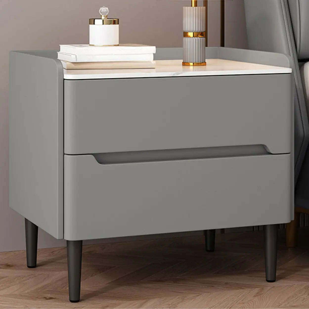 Beige Rectangular Sintered Stone Wood Nightstand