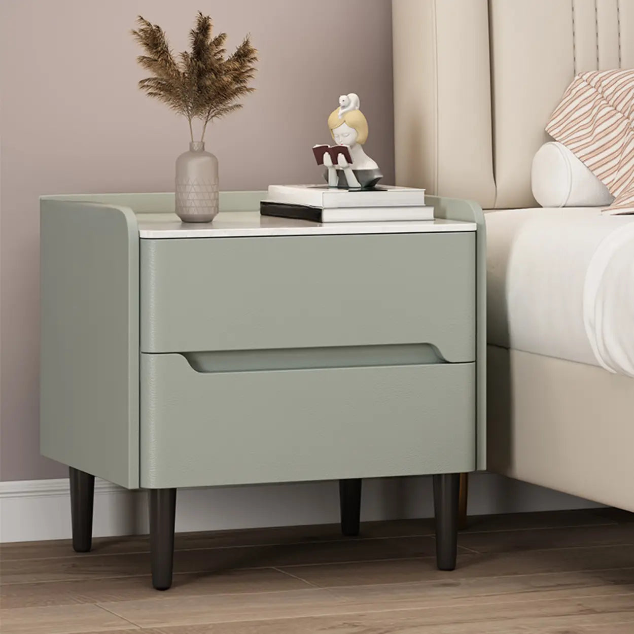 Beige Rectangular Sintered Stone Wood Nightstand