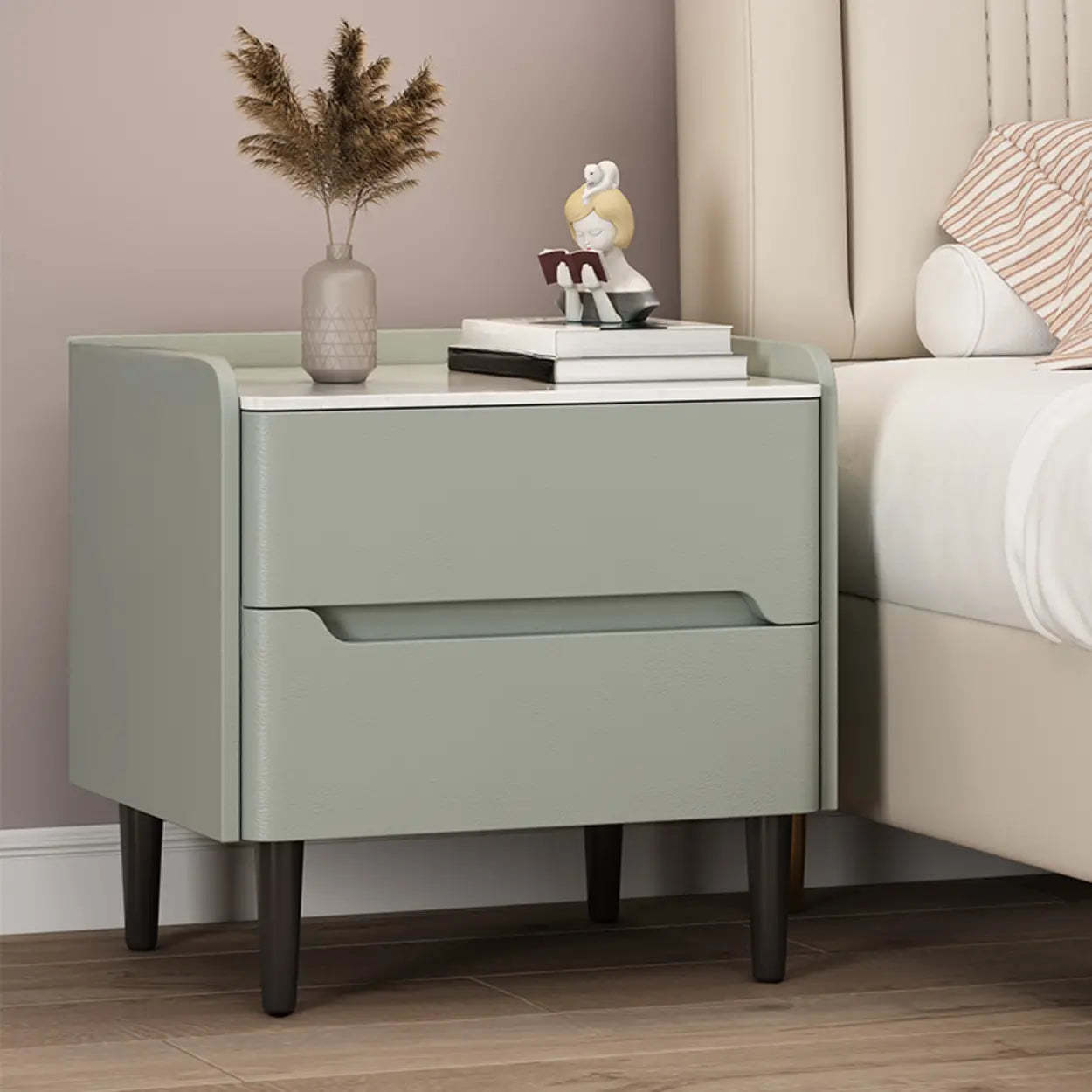 Beige Rectangular Sintered Stone Wood Nightstand
