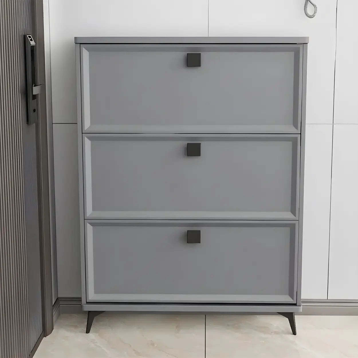 Adjustable Gray Wood Drop-Front Entryway Shoe Cabinet — Grey