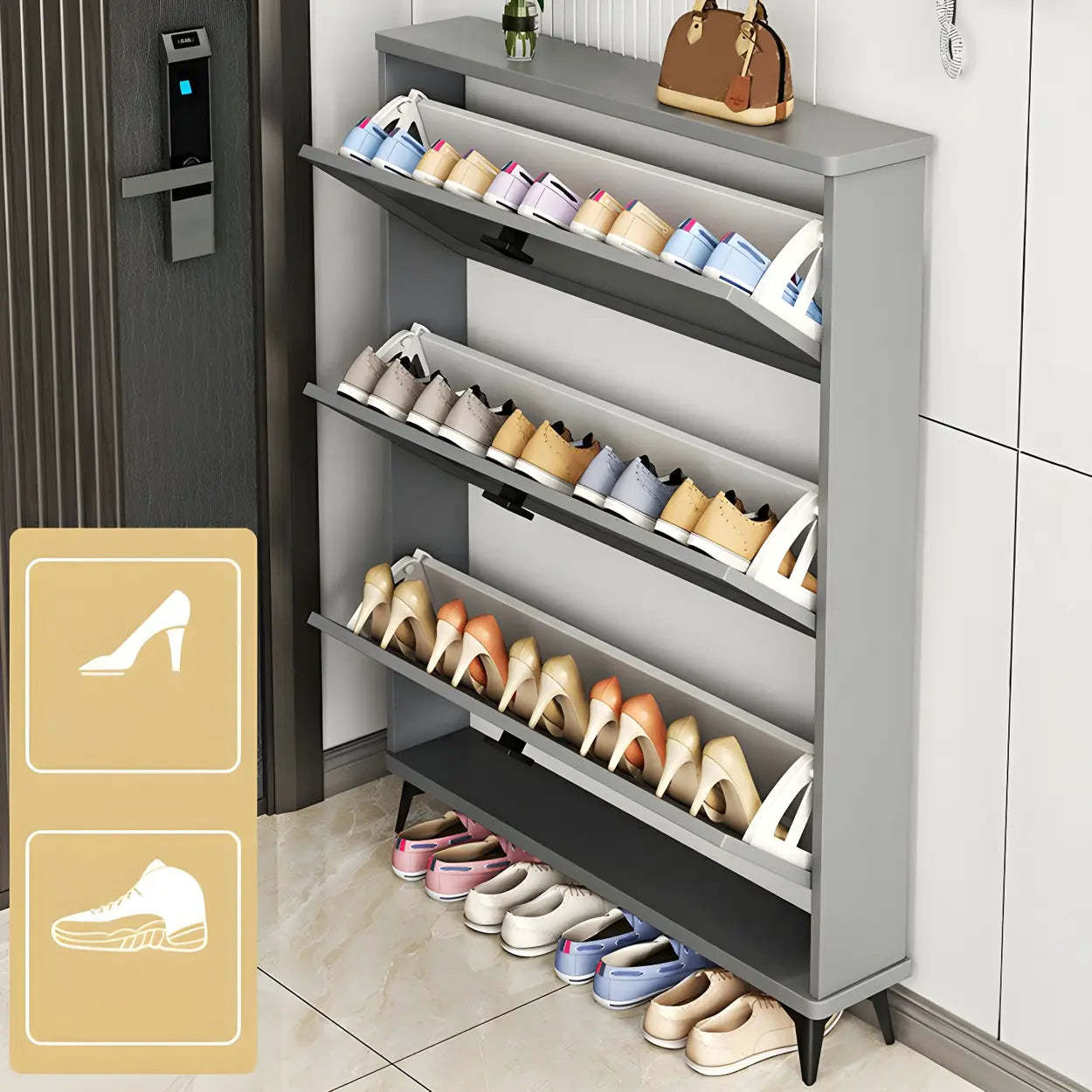Adjustable Gray Wood Drop-Front Entryway Shoe Cabinet — Grey