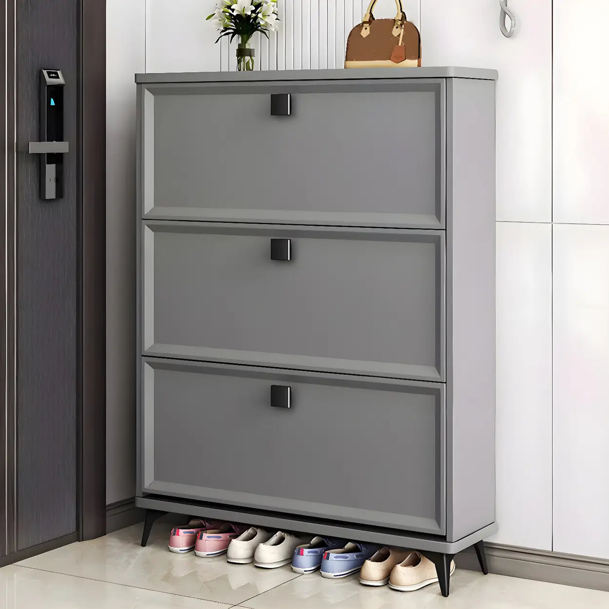 Adjustable Gray Wood Drop-Front Entryway Shoe Cabinet