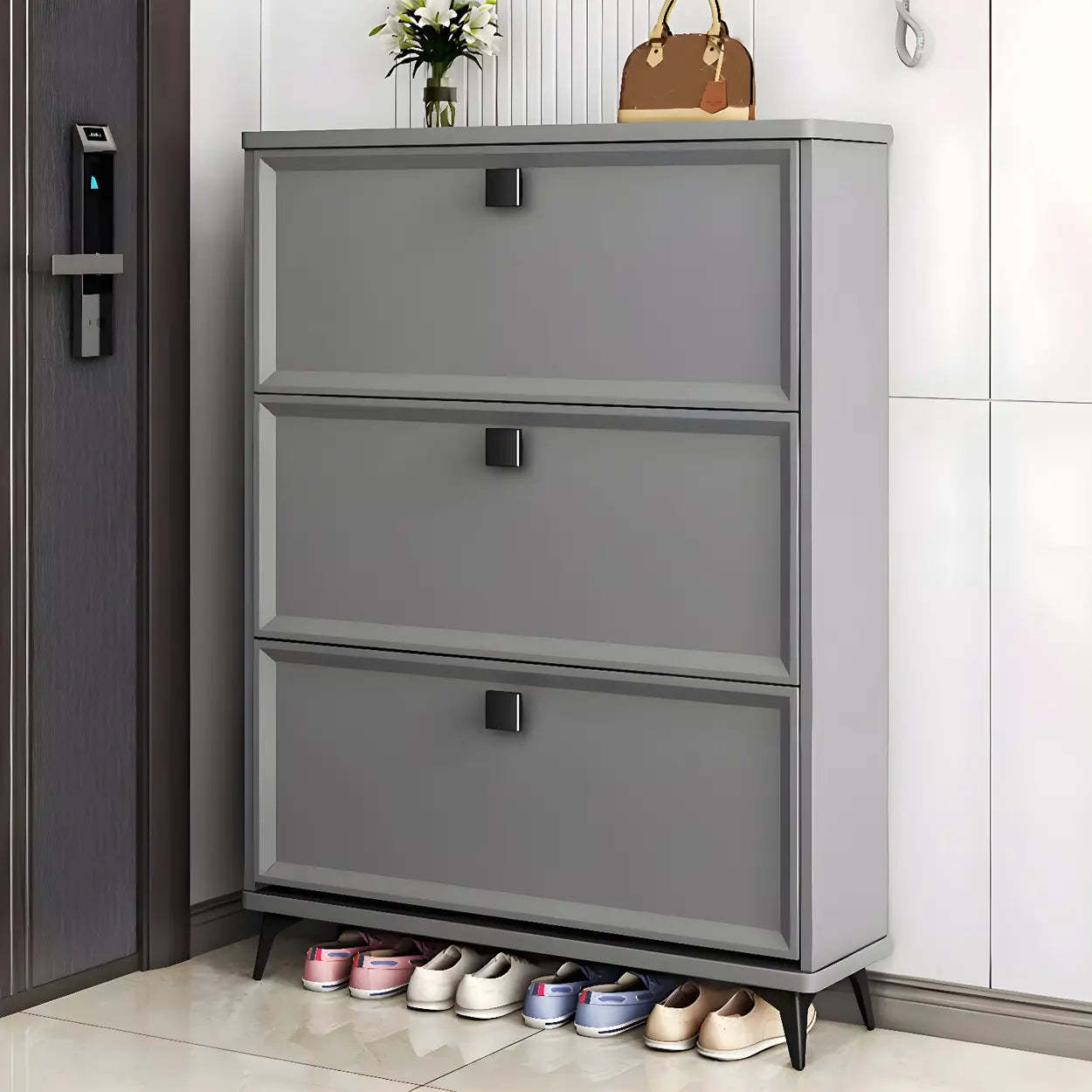 Adjustable Gray Wood Drop-Front Entryway Shoe Cabinet — White