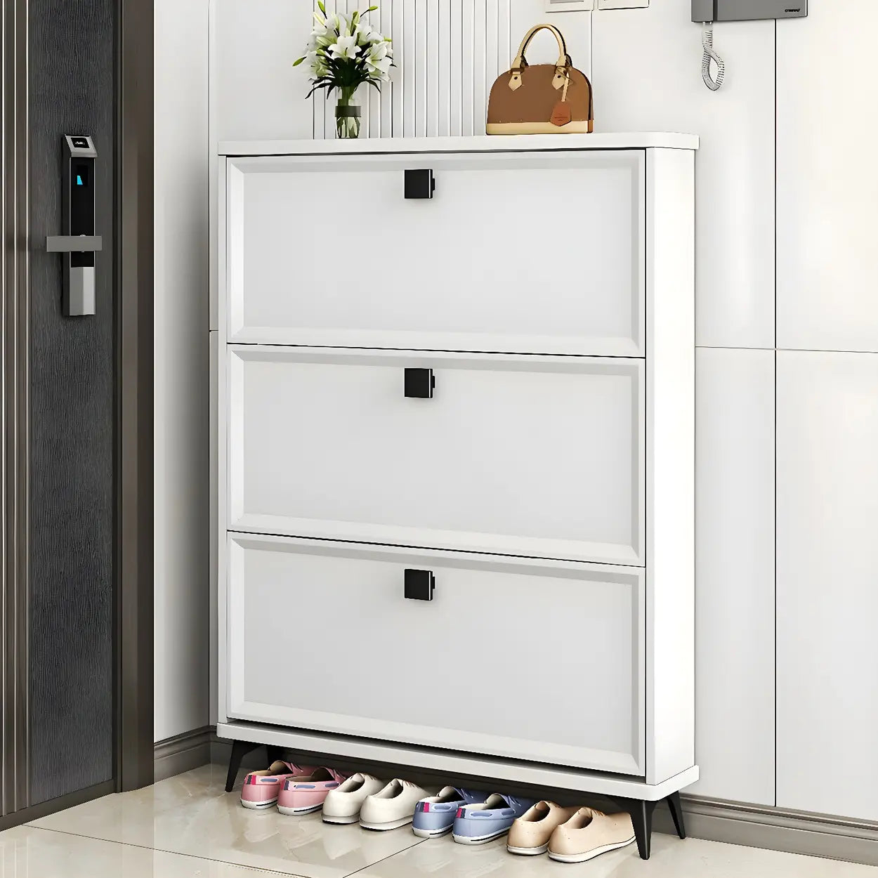 Adjustable Gray Wood Drop-Front Entryway Shoe Cabinet — White