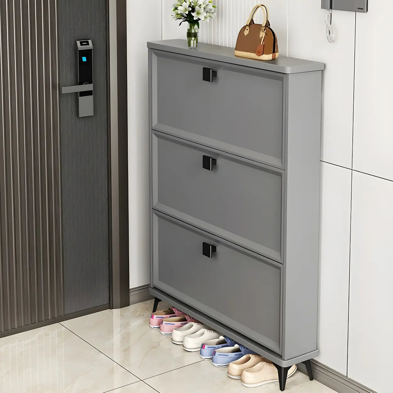 Adjustable Gray Wood Drop-Front Entryway Shoe Cabinet — White