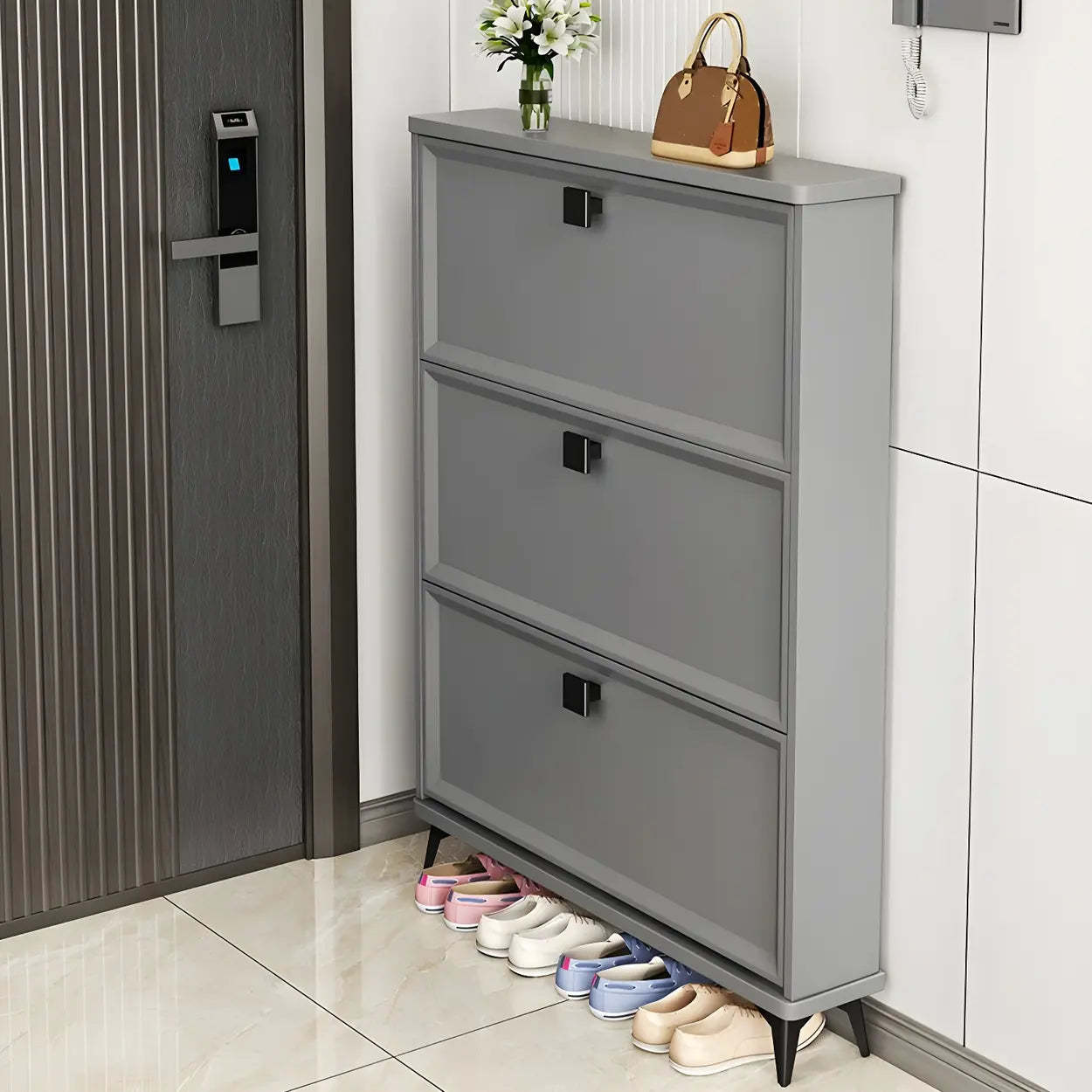 Adjustable Gray Wood Drop-Front Entryway Shoe Cabinet — White