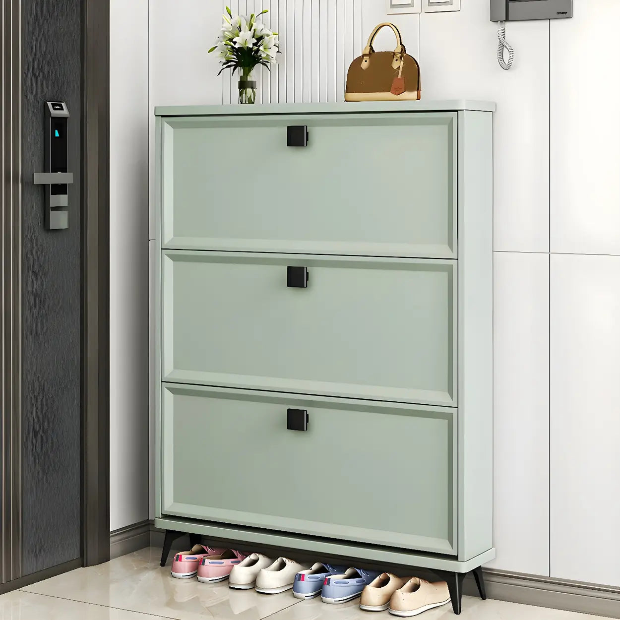 Adjustable Gray Wood Drop-Front Entryway Shoe Cabinet — Grey