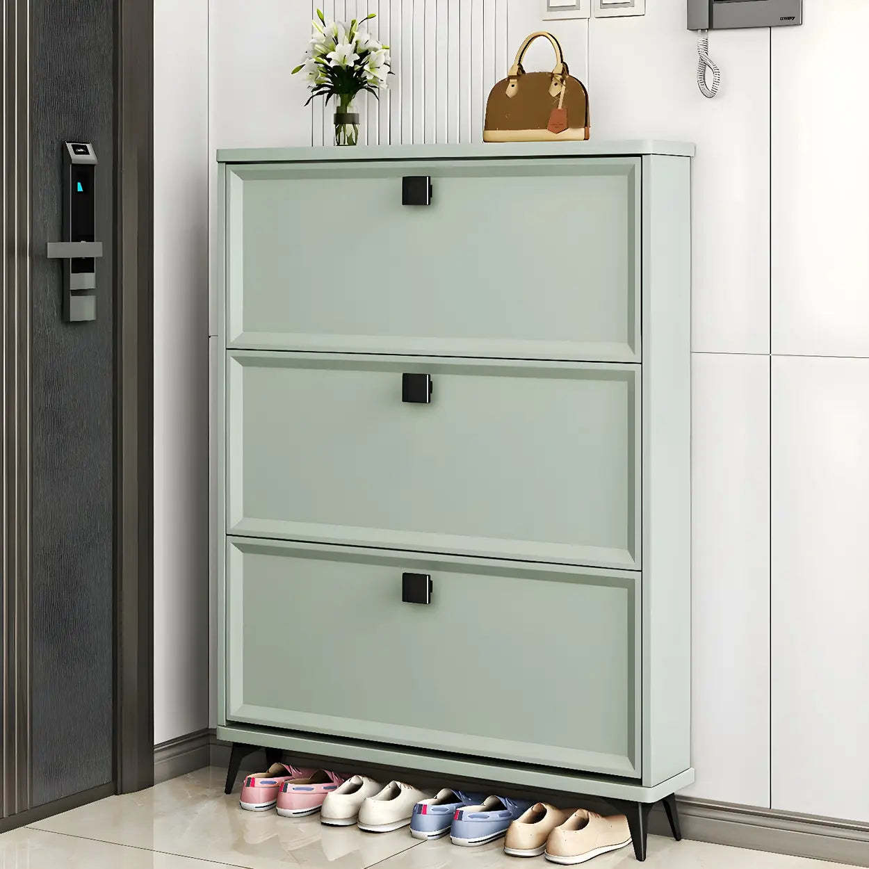 Adjustable Gray Wood Drop-Front Entryway Shoe Cabinet — Grey