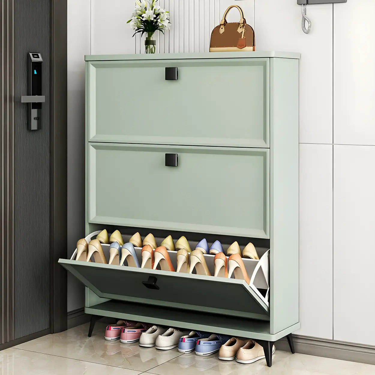 Adjustable Gray Wood Drop-Front Entryway Shoe Cabinet — Grey