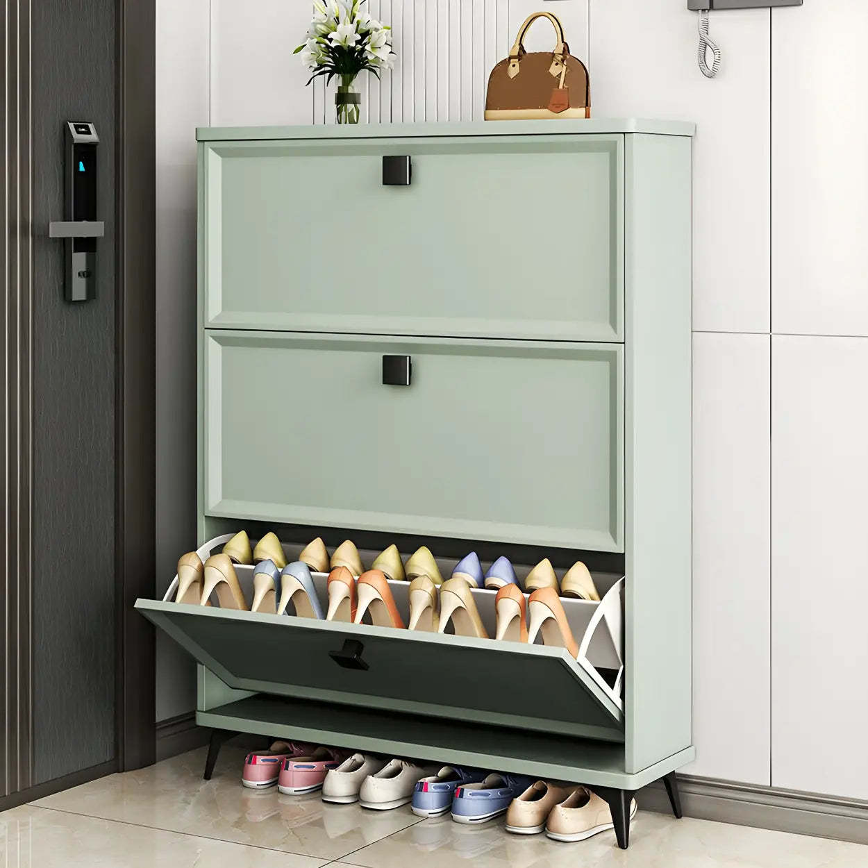 Adjustable Gray Wood Drop-Front Entryway Shoe Cabinet — Grey