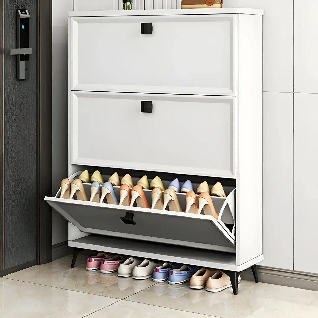 Adjustable Gray Wood Drop-Front Entryway Shoe Cabinet — White