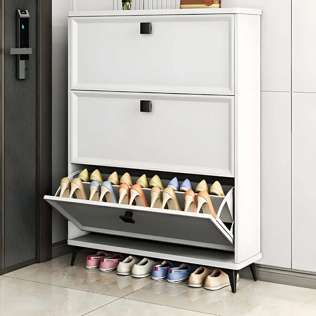 Adjustable Gray Wood Drop-Front Entryway Shoe Cabinet — White