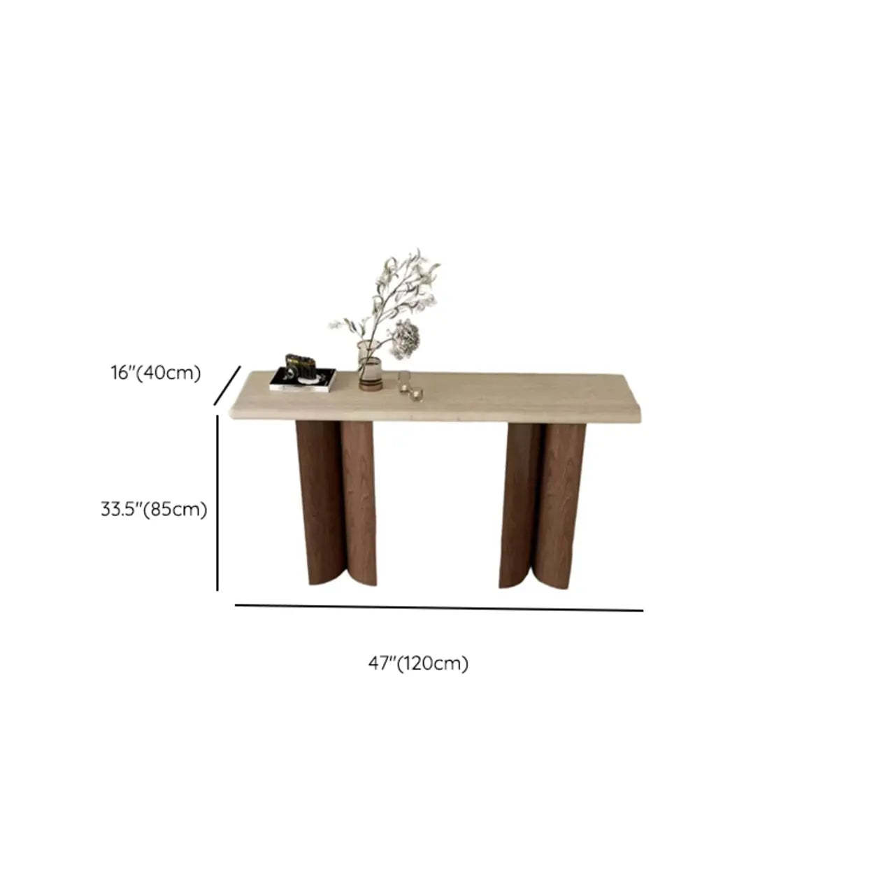 Rustic Beige Stone-Top Wood Pedestal Console Table