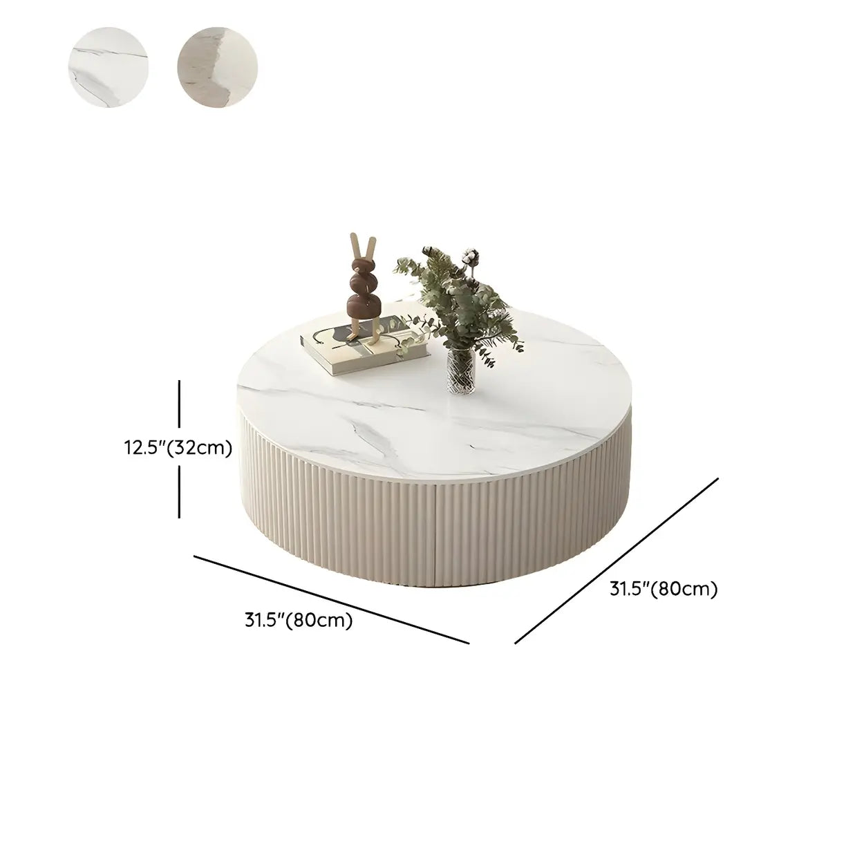 Slate Glass Round Drum-Base Coffee Table with Storage