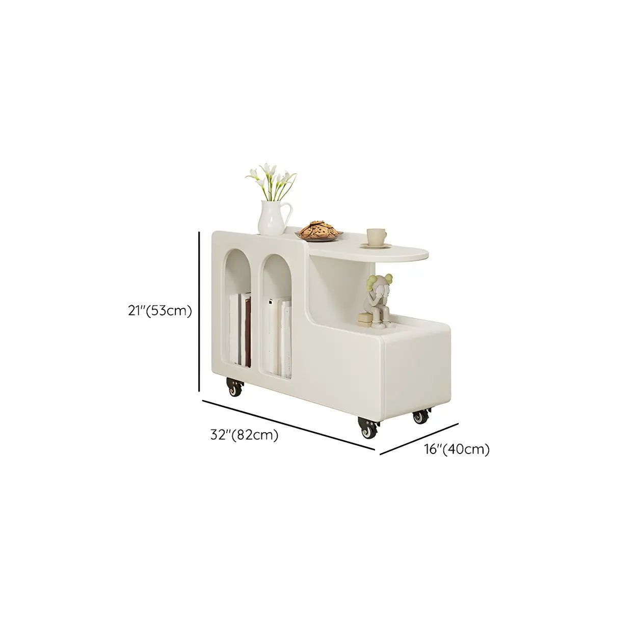 Oval White Wood Mobile End Table with Drawers