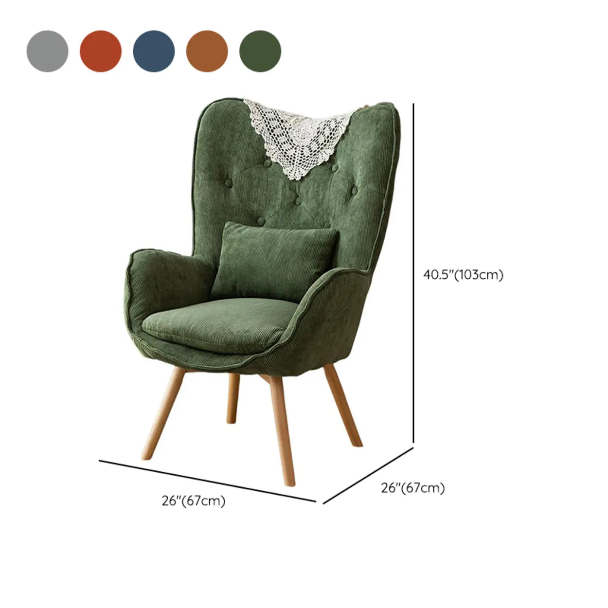 Wingback Corduroy Green Accent Chair with Pillow