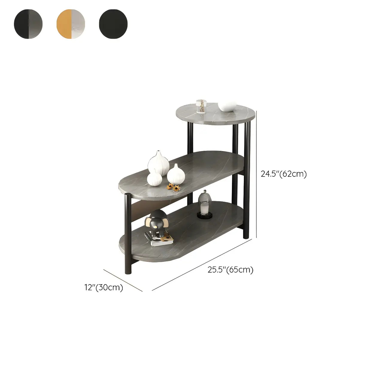 Oval Black Wood 3-Tier Side Table with Iron Base