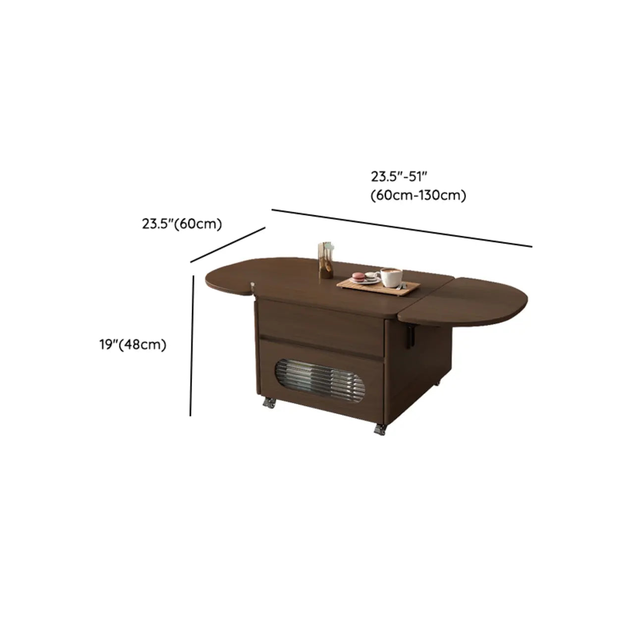 Foldable Oval Brown Wood Coffee Table with Drawer and Wheels
