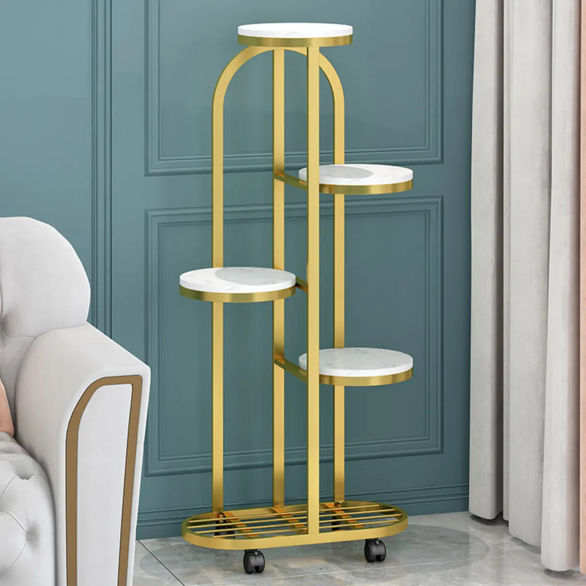 Arched Metal Stone Tray Rolling Plant Stand