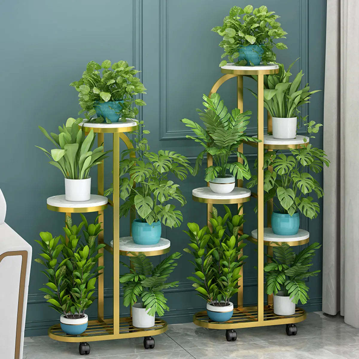 Arched Metal Stone Tray Rolling Plant Stand — Gold